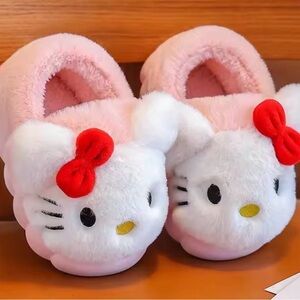 Pink Hello Kitty Plush Slippers with Red Bow